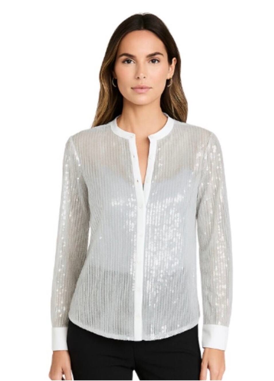 White House Black Market Silver Gray Sequin Sheer Top Women's Small Party